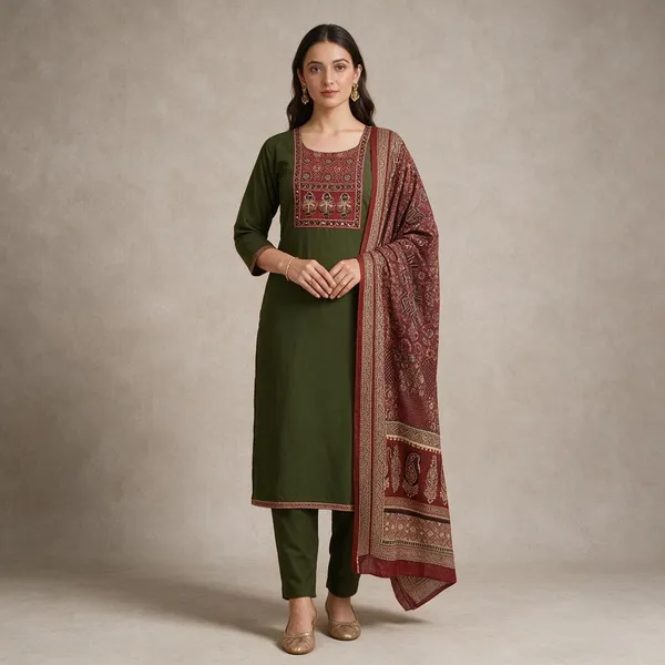 Green_Cotton_Kurta_Set_For_Women