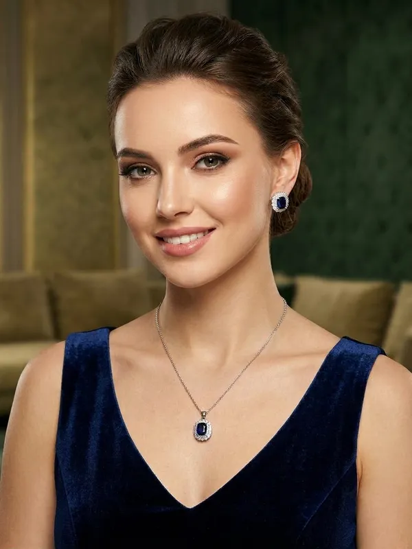 IRAZ_PVD_Plated_Crystal_Necklace_and_Earrings_Jewellery_Set_(Navy_Blue_Pendant_and_Studs)