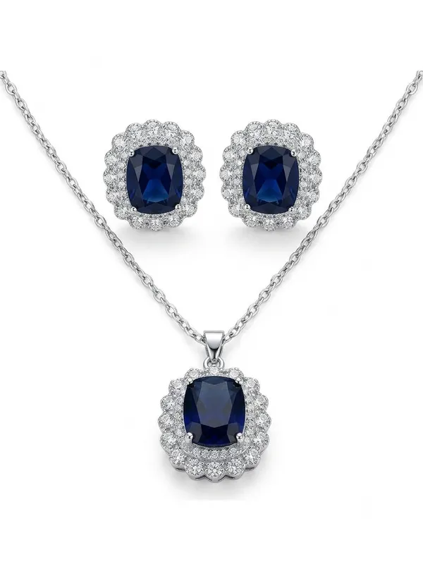 IRAZ_PVD_Plated_Crystal_Necklace_and_Earrings_Jewellery_Set_(Navy_Blue_Pendant_and_Studs)
