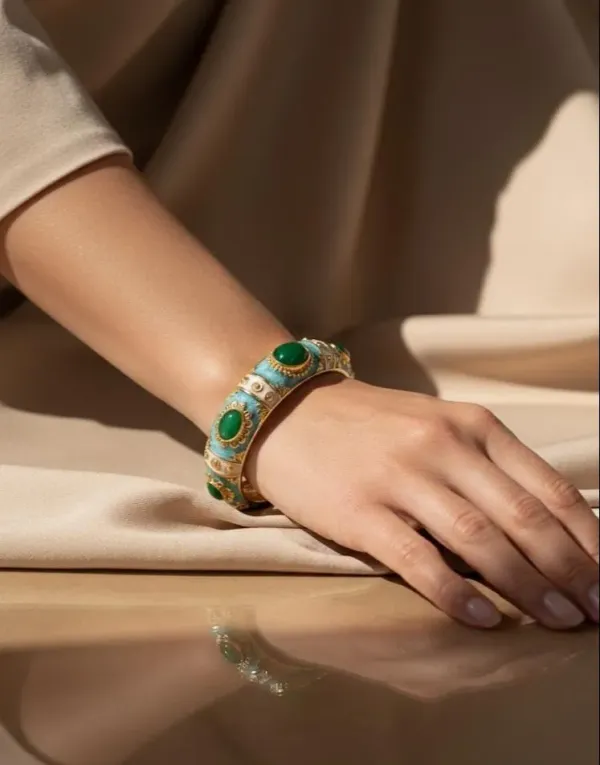 IRAZ_Elegant_Gold-Plated_Blue_and_Green_Enamel_Bangle_Bracelet