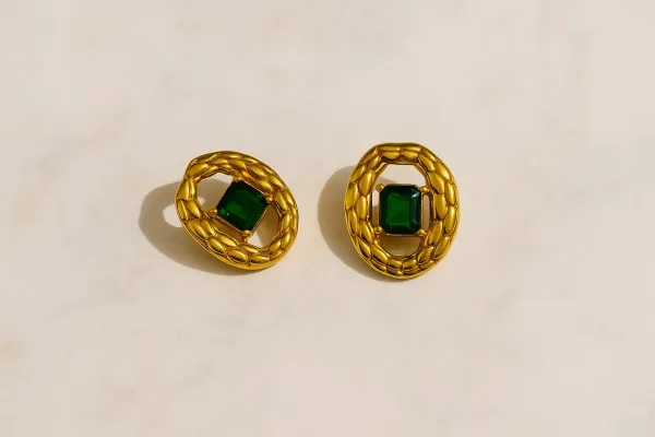 Gold_And_Emerald_Green_Stainless_Steel_Earrings_For_Women
