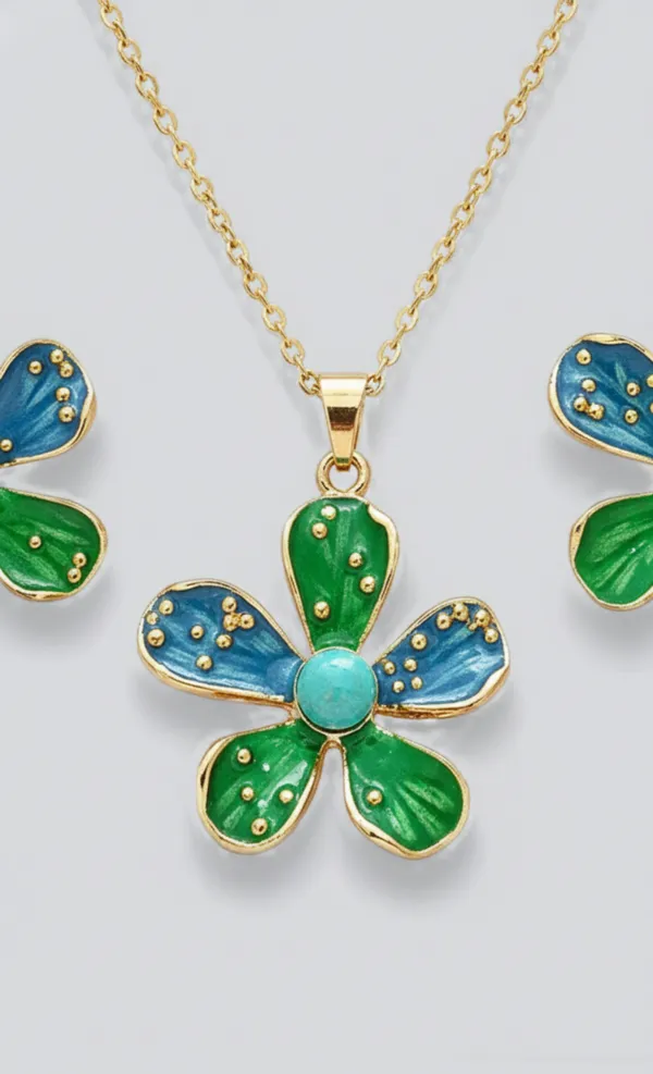 IRAZ_18k_Gold-Plated_Enamel_Flower_Necklace_and_Stud_Set_(Green_and_Blue)