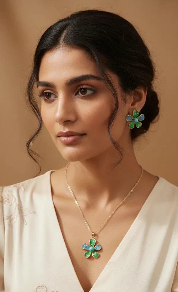 IRAZ_18k_Gold-Plated_Enamel_Flower_Necklace_and_Stud_Set_(Green_and_Blue)