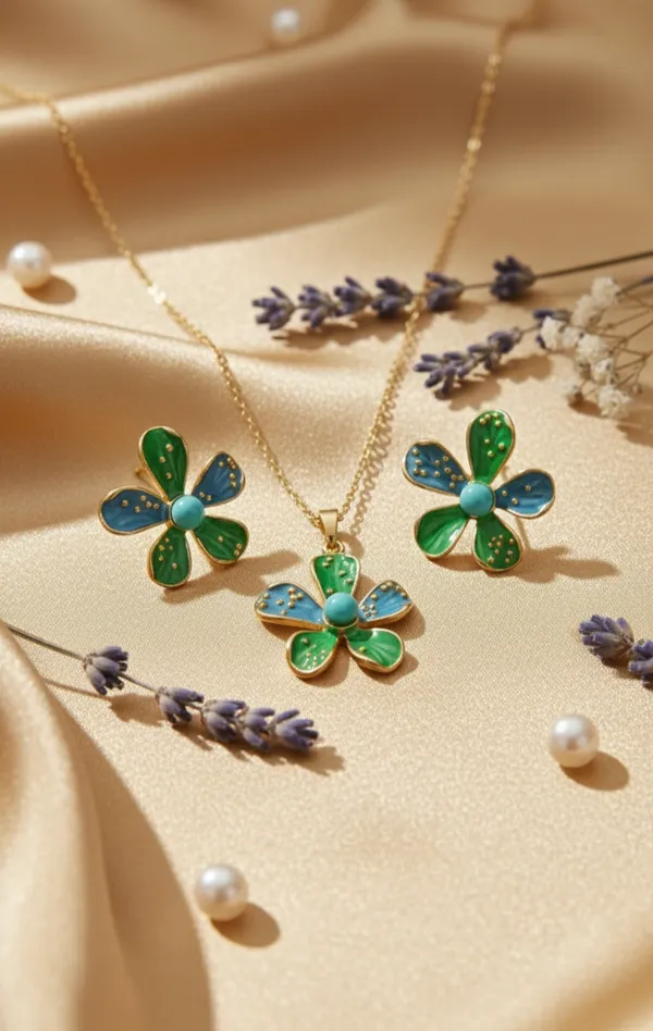 IRAZ_18k_Gold-Plated_Enamel_Flower_Necklace_and_Stud_Set_(Green_and_Blue)