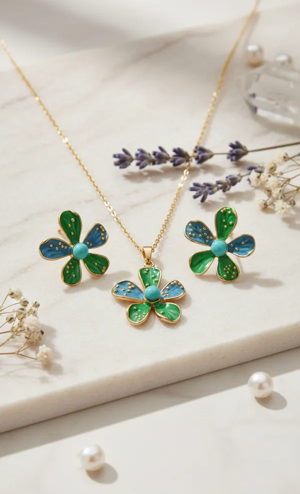 IRAZ_18k_Gold-Plated_Enamel_Flower_Necklace_and_Stud_Set_(Green_and_Blue)