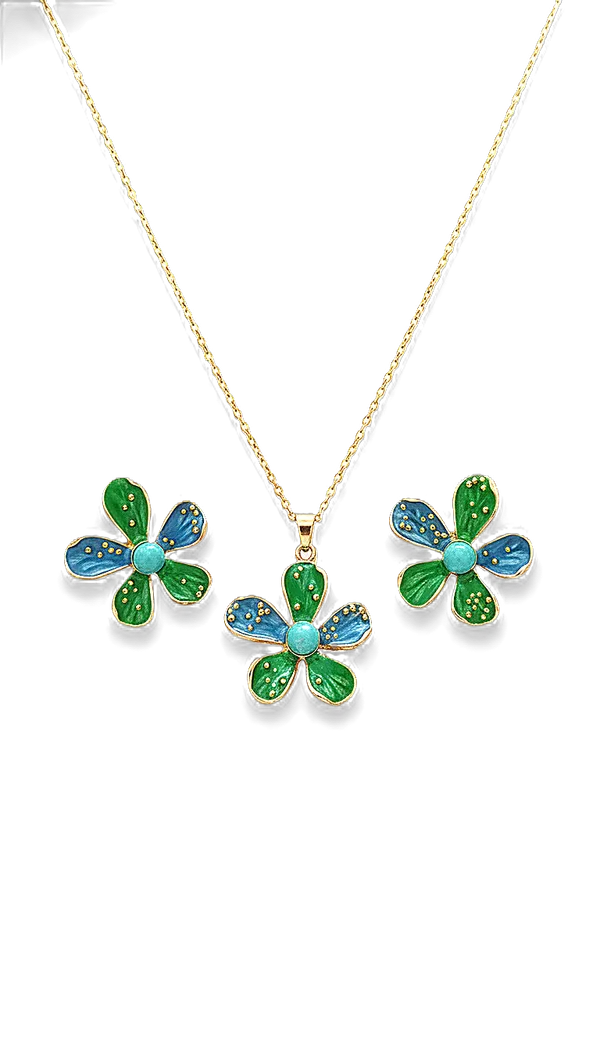 IRAZ_18k_Gold-Plated_Enamel_Flower_Necklace_and_Stud_Set_(Green_and_Blue)