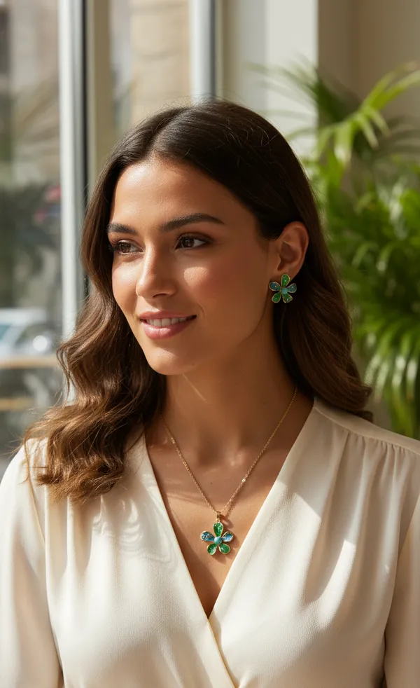 IRAZ_18k_Gold-Plated_Enamel_Flower_Necklace_and_Stud_Set_(Green_and_Blue)