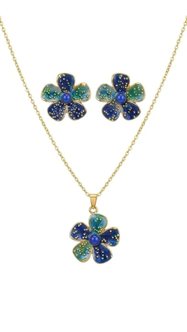 IRAZ_18k_Gold-Plated_Enamel_Flower_Necklace_and_Stud_Set_(Navy_&_Turquoise_Blue)