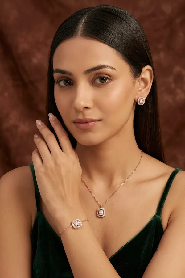 IRAZ_Rose_Gold_Plated_Rectangular_Shaped_American_Diamond_Stud_Necklace,_Earrings_and_Bracelet_Set