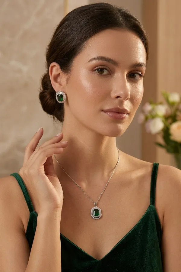 IRAZ_PVD_Plated_Crystal_Necklace_and_Earrings_Jewellery_Set_(Emerald_Green_Pendants_and_Studs)