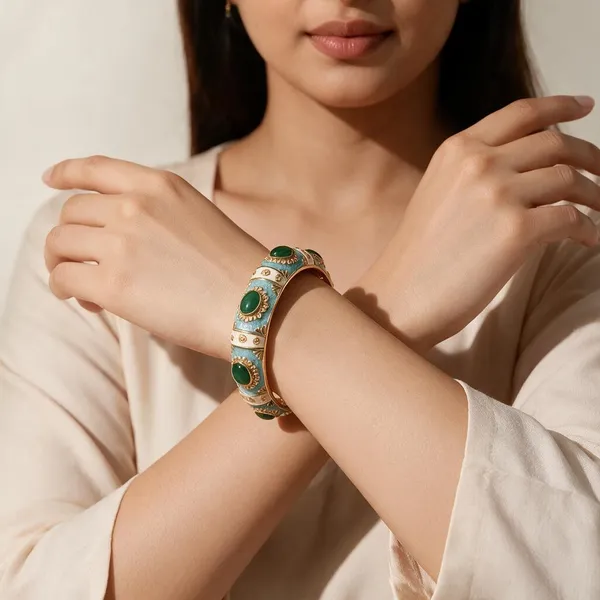 IRAZ_Elegant_Gold-Plated_Blue_and_Green_Enamel_Bangle_Bracelet