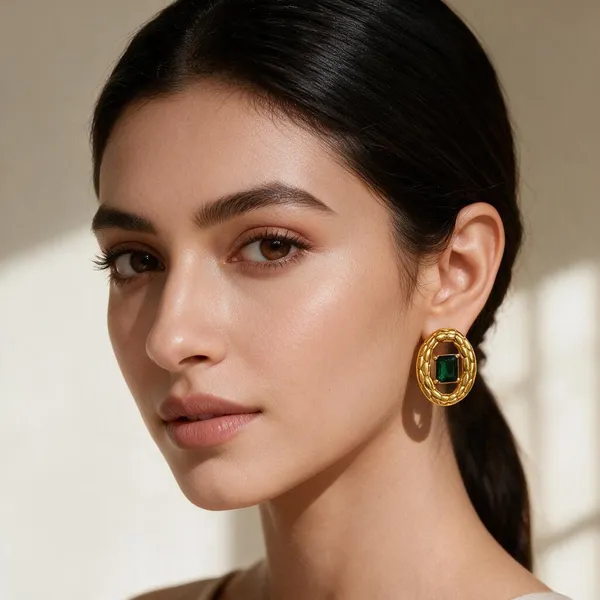 Gold_And_Emerald_Green_Stainless_Steel_Earrings_For_Women