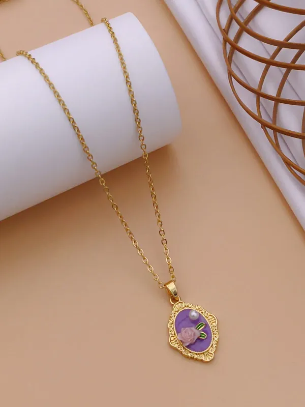 Gold_Purple_Enamel_Floral_Pendant_Necklace_For_Women