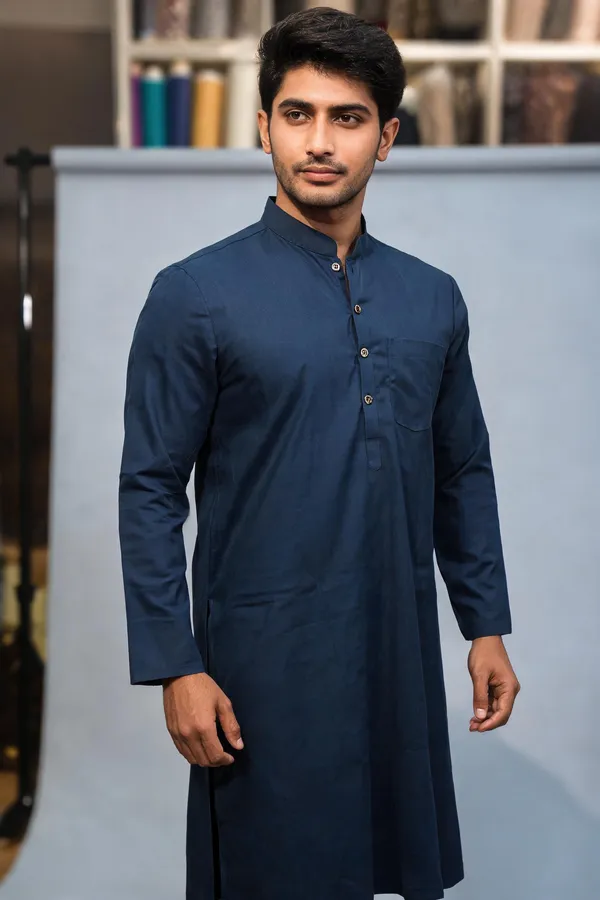 Navy_Cotton_Spun_Mandarin_Collar_Straight_Kurta_For_Men