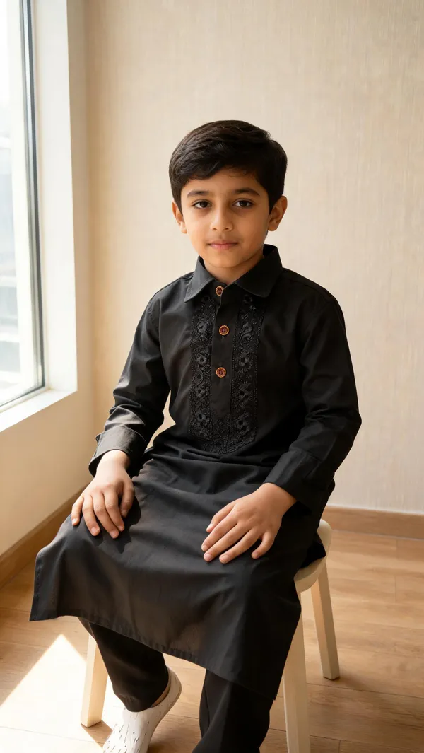 Black_Cotton_Spun_Embroidered_Straight_Kurta_For_Boys