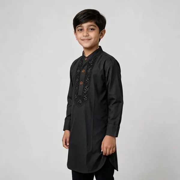 Black_Cotton_Spun_Embroidered_Straight_Kurta_For_Boys