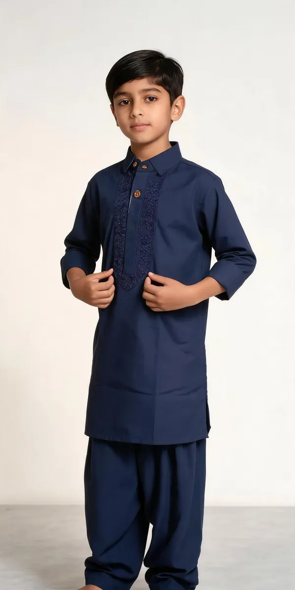 Navy_Blue_Cotton_Spun_Embroidered_Pathani_For_Boys