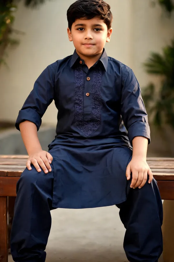 Navy_Blue_Cotton_Spun_Embroidered_Pathani_For_Boys