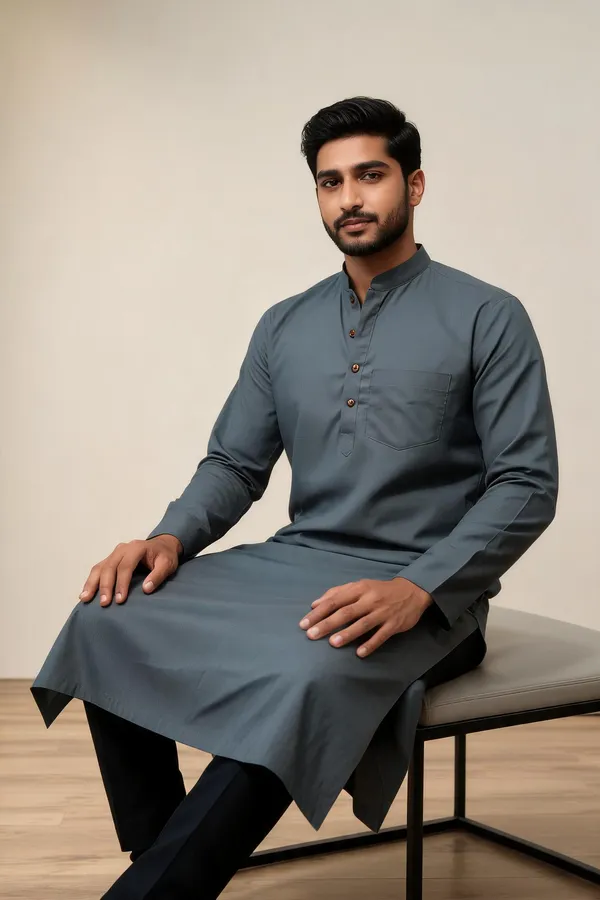Grey_Cotton_Spun_Mandarin_Collar_Regular_Fit_Kurta_For_Men