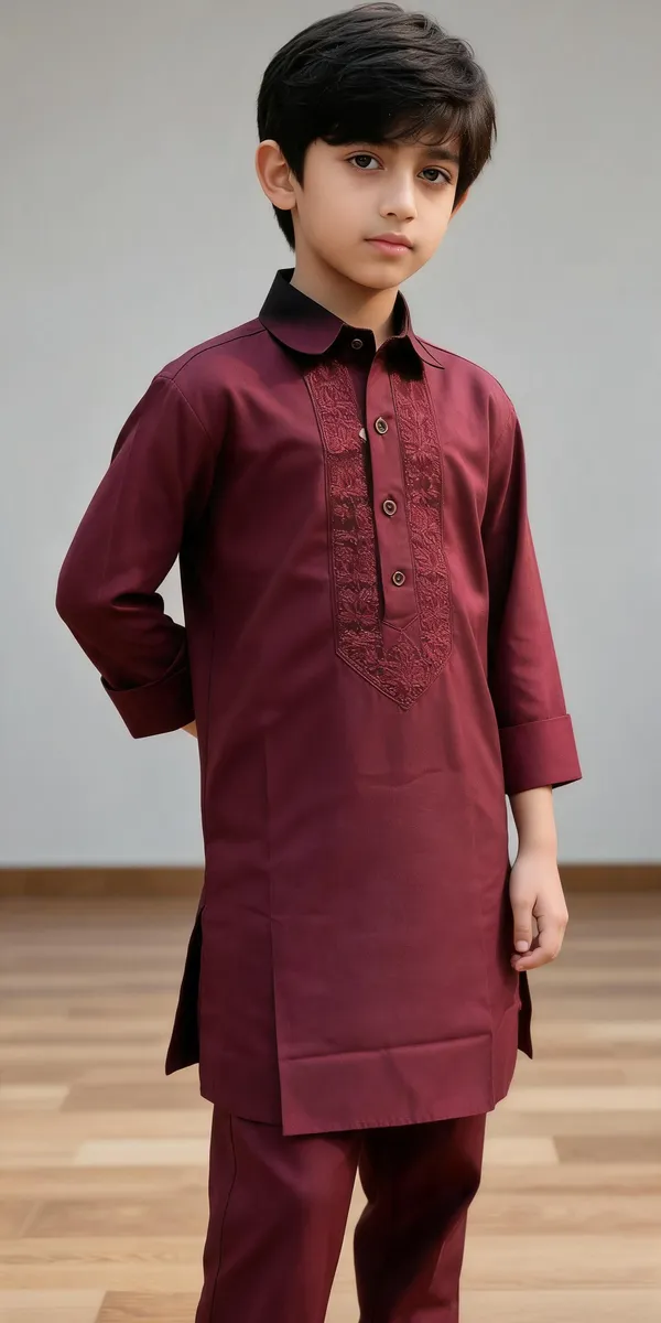 Maroon_Cotton_Spun_Embroidered_Pathani_For_Boys