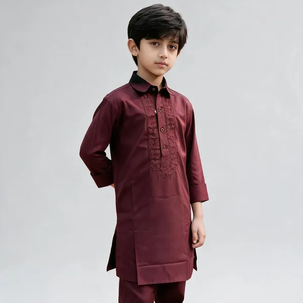 Maroon_Cotton_Spun_Embroidered_Pathani_For_Boys