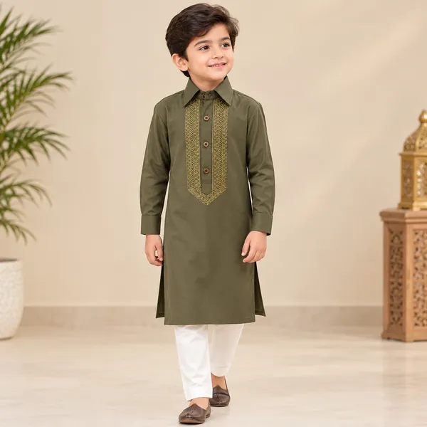 Olive_Green_Cotton_Spun_Embroidered_Pathani_For_Boys
