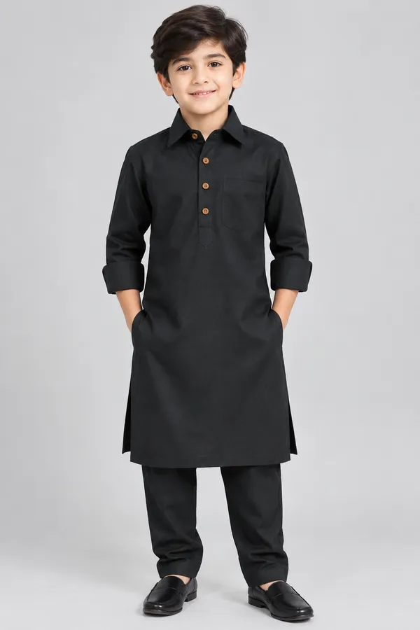 Black_Cotton_Spun_Straight_Pathani_For_Boys