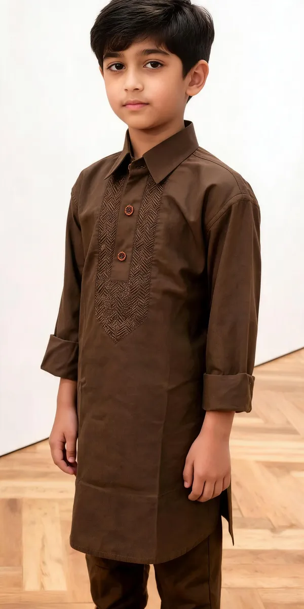 Coffee_Brown_Cotton_Spun_Embroidered_Pathani_For_Boys