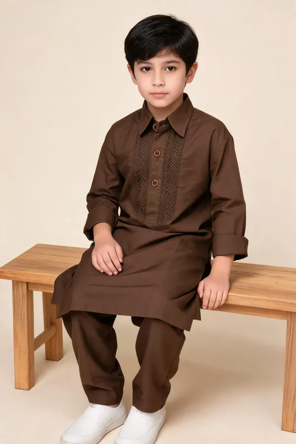 Coffee_Brown_Cotton_Spun_Embroidered_Pathani_For_Boys