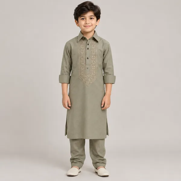Beige_Cotton_Spun_Embroidered_Pathani_For_Boys