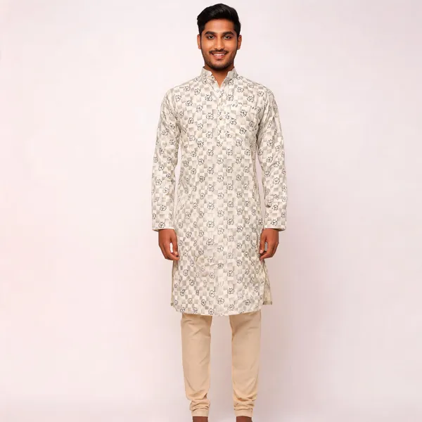 White_Cotton_Spun_Floral_Print_Straight_Fit_Kurta_For_Men