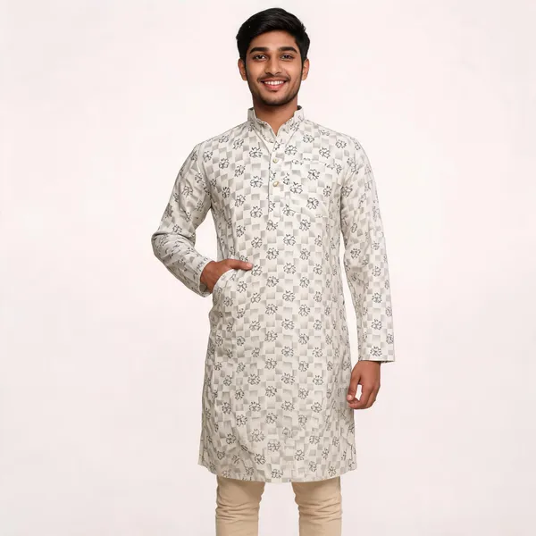 White_Cotton_Spun_Floral_Print_Straight_Fit_Kurta_For_Men