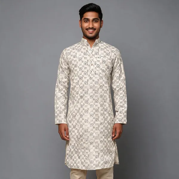 White_Cotton_Spun_Floral_Print_Straight_Fit_Kurta_For_Men