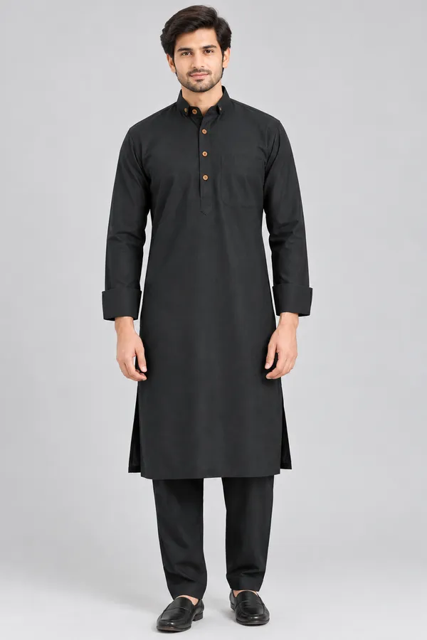 Black_Cotton_Spun_Straight_Kurta_For_Men