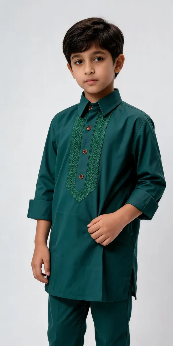 Teal_Cotton_Spun_Embroidered_Pathani_For_Boys