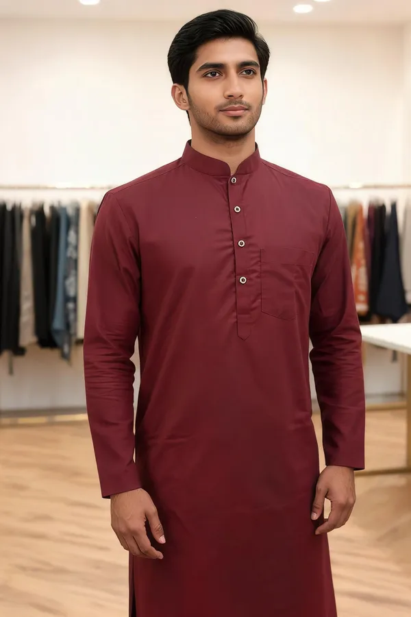 Maroon_Cotton_Spun_Mandarin_Collar_Straight_Kurta_For_Men