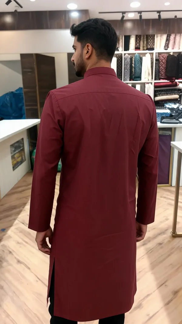 Maroon_Cotton_Spun_Mandarin_Collar_Straight_Kurta_For_Men