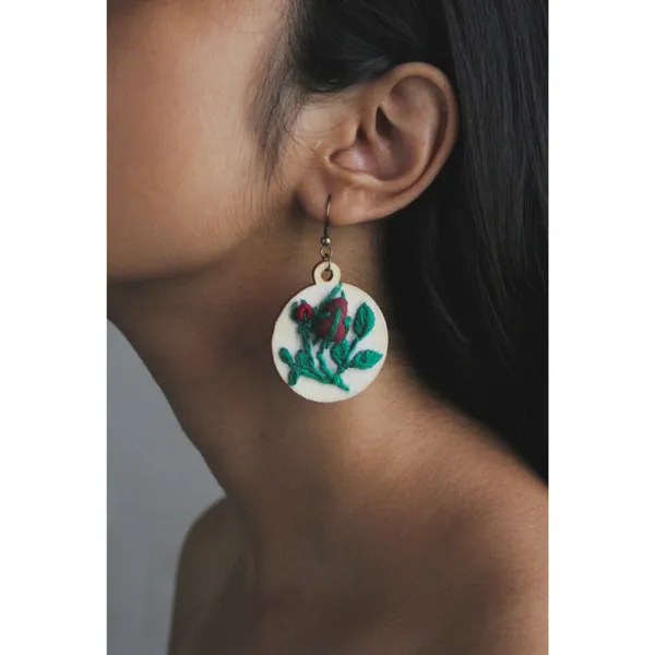 Maroon_Cotton_Embroidered_Rose_Bud_Circular_Earrings_For_Women