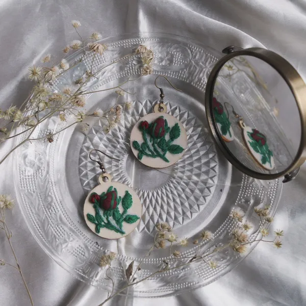 Maroon_Cotton_Embroidered_Rose_Bud_Circular_Earrings_For_Women