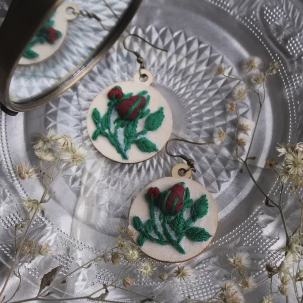 Maroon_Cotton_Embroidered_Rose_Bud_Circular_Earrings_For_Women