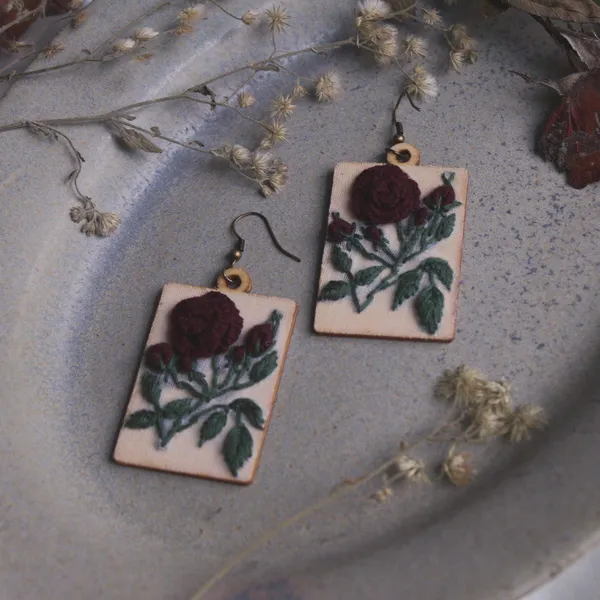 Dark_Red_Cotton_Embroidered_Rose_Branch_Rectangular_Earrings_For_Women