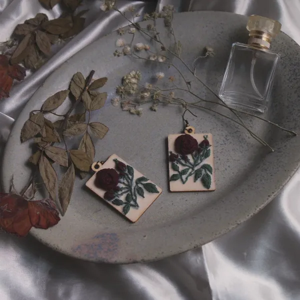 Dark_Red_Cotton_Embroidered_Rose_Branch_Rectangular_Earrings_For_Women