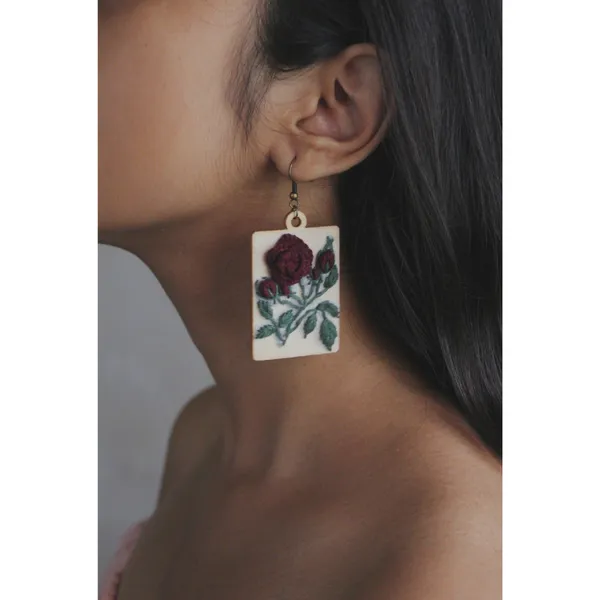 Dark_Red_Cotton_Embroidered_Rose_Branch_Rectangular_Earrings_For_Women