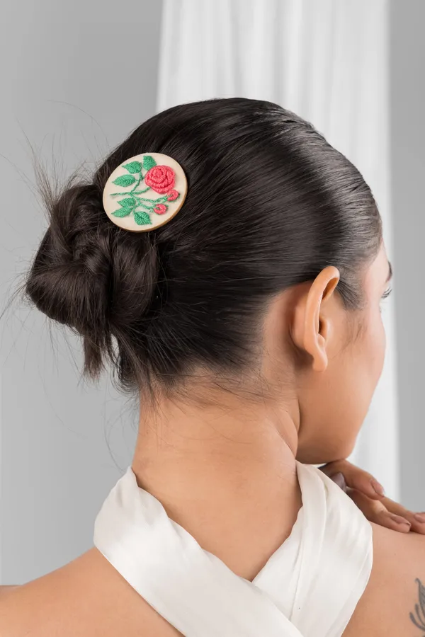 Peach_Cotton_Embroidered_Rose_Branch_Circular_Alligator_Hair_Clip_For_Women