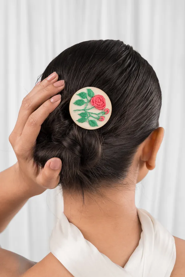 Peach_Cotton_Embroidered_Rose_Branch_Circular_Alligator_Hair_Clip_For_Women