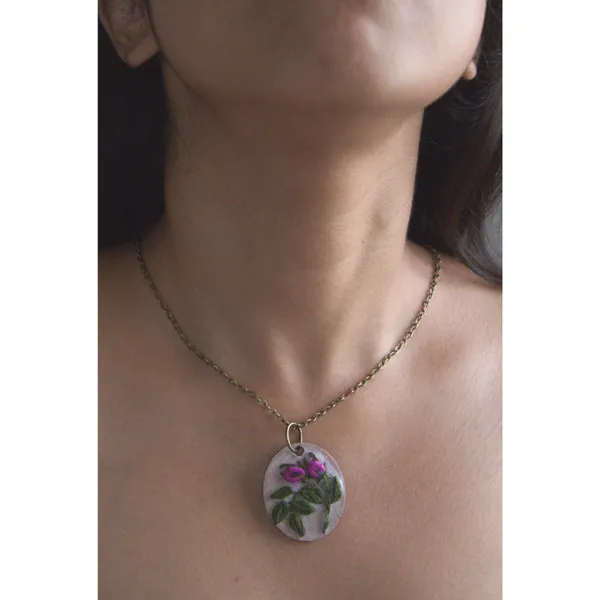 Purple_Cotton_Embroidered_Rose_Bud_Branch_Oval_Pendant_Necklace_For_Women