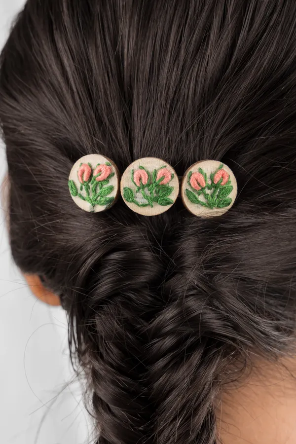 Peach_Cotton_Embroidered_Rose_Buds_Branch_Triple_Round_Hair_Barrette_For_Women