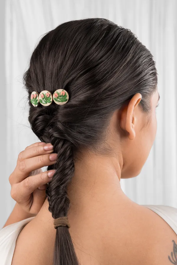 Peach_Cotton_Embroidered_Rose_Buds_Branch_Triple_Round_Hair_Barrette_For_Women