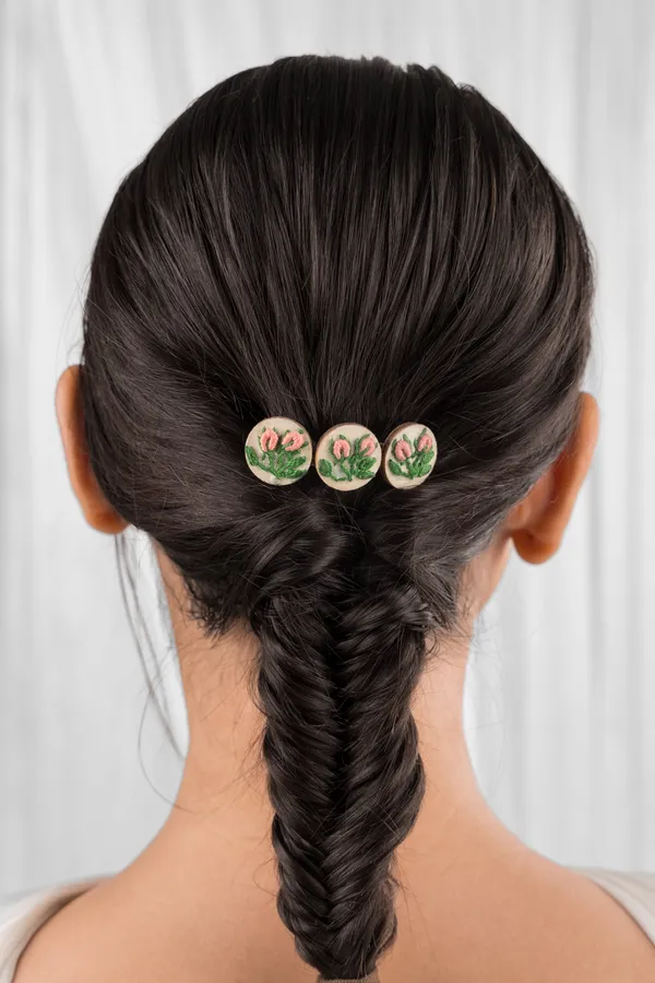 Peach_Cotton_Embroidered_Rose_Buds_Branch_Triple_Round_Hair_Barrette_For_Women