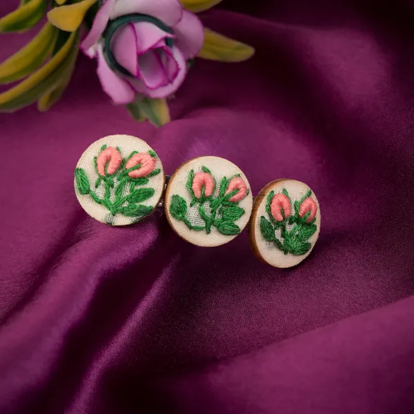 Peach_Cotton_Embroidered_Rose_Buds_Branch_Triple_Round_Hair_Barrette_For_Women